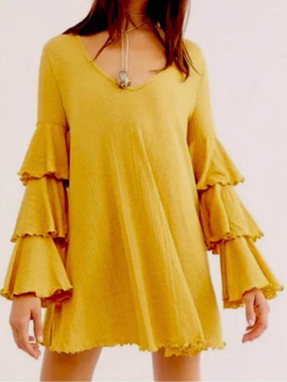 Free People - Beach Seashore Boho Layered Long Sleeve V Neck Mini Dress Medium